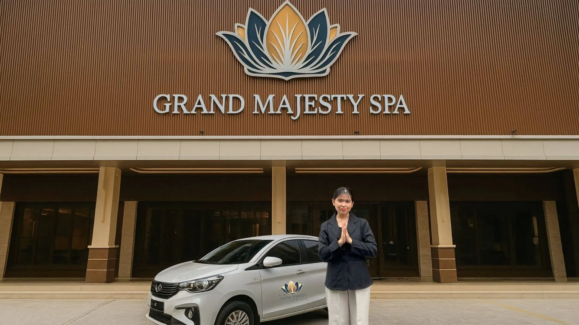 Grand Majesty host welcoming guests beside the complimentary pickup car